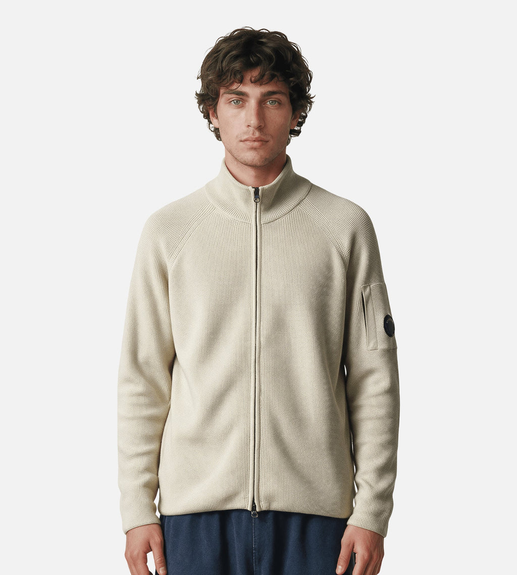 C.P. Company Waffle Knit Cotton Zip Lens Cardigan Silver Birch