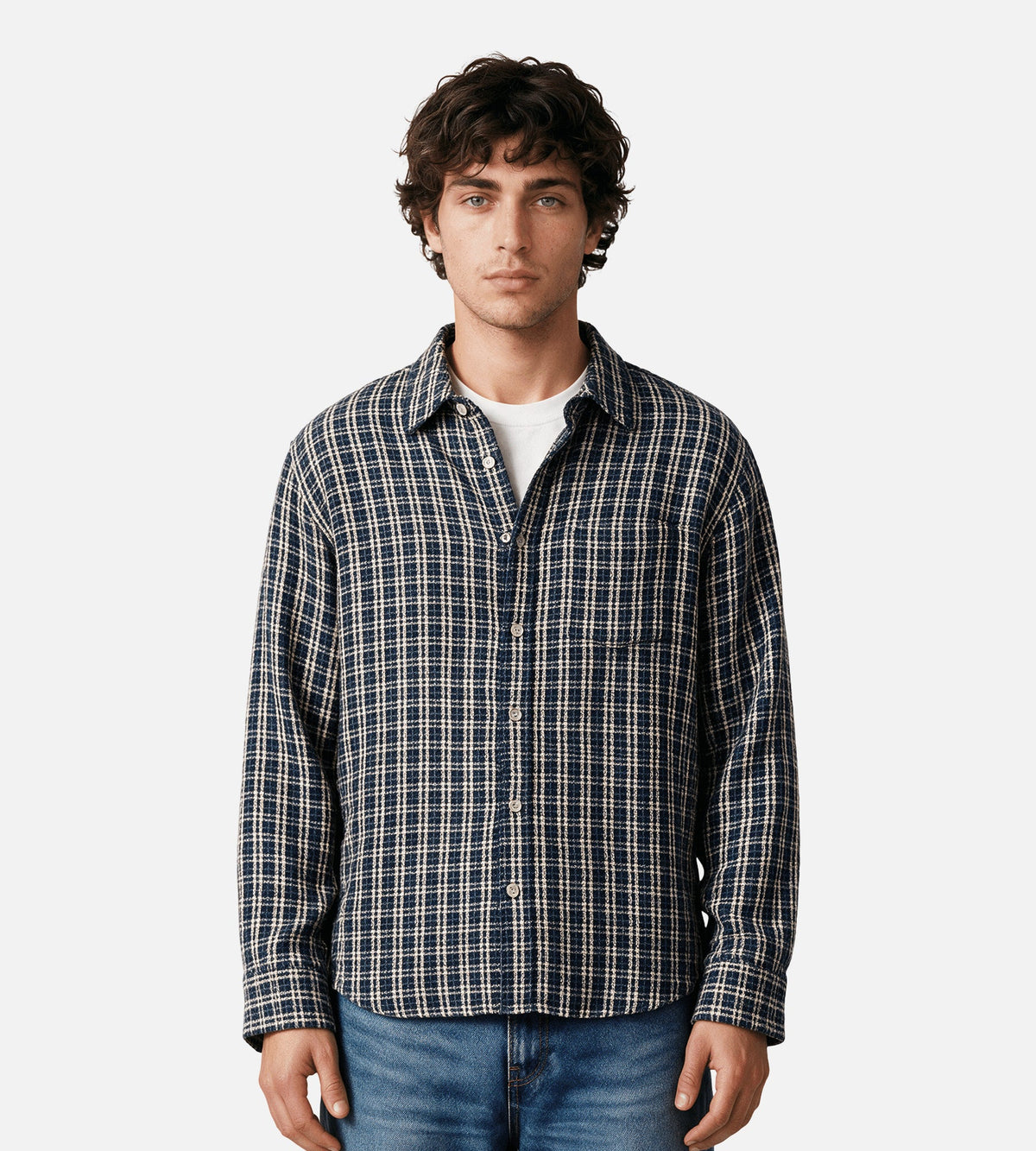 Corridor Reverse Tweed Snow Check Long Sleeve Shirt Blue
