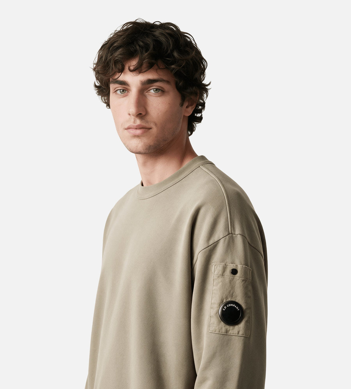 C.P. Company Brushed And Emerized Diagonal Fleece Mixed Boxy Crewneck Lens Fallen Rock