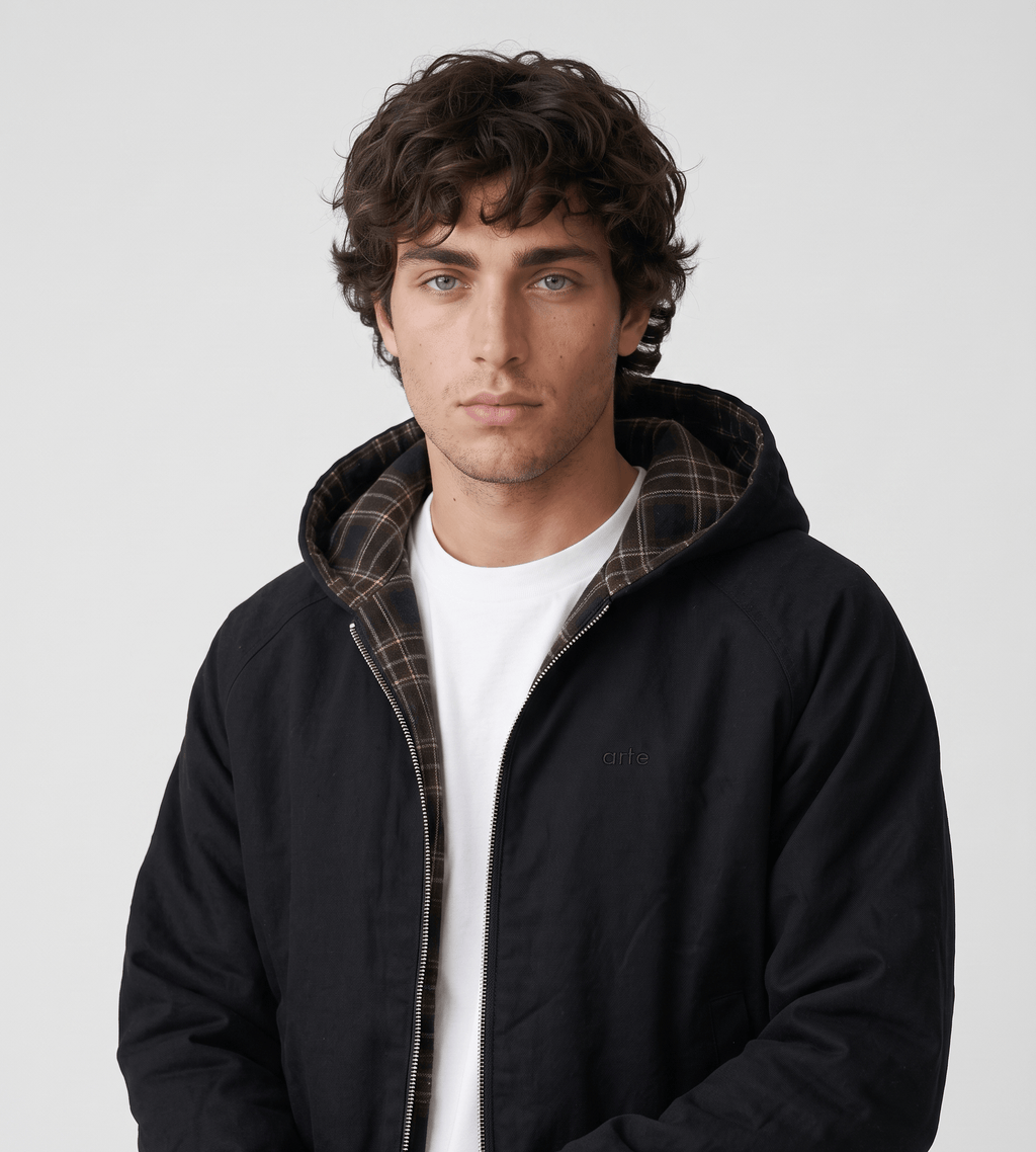 Arte Antwerp Reversible Plaid Hooded Jacket Black