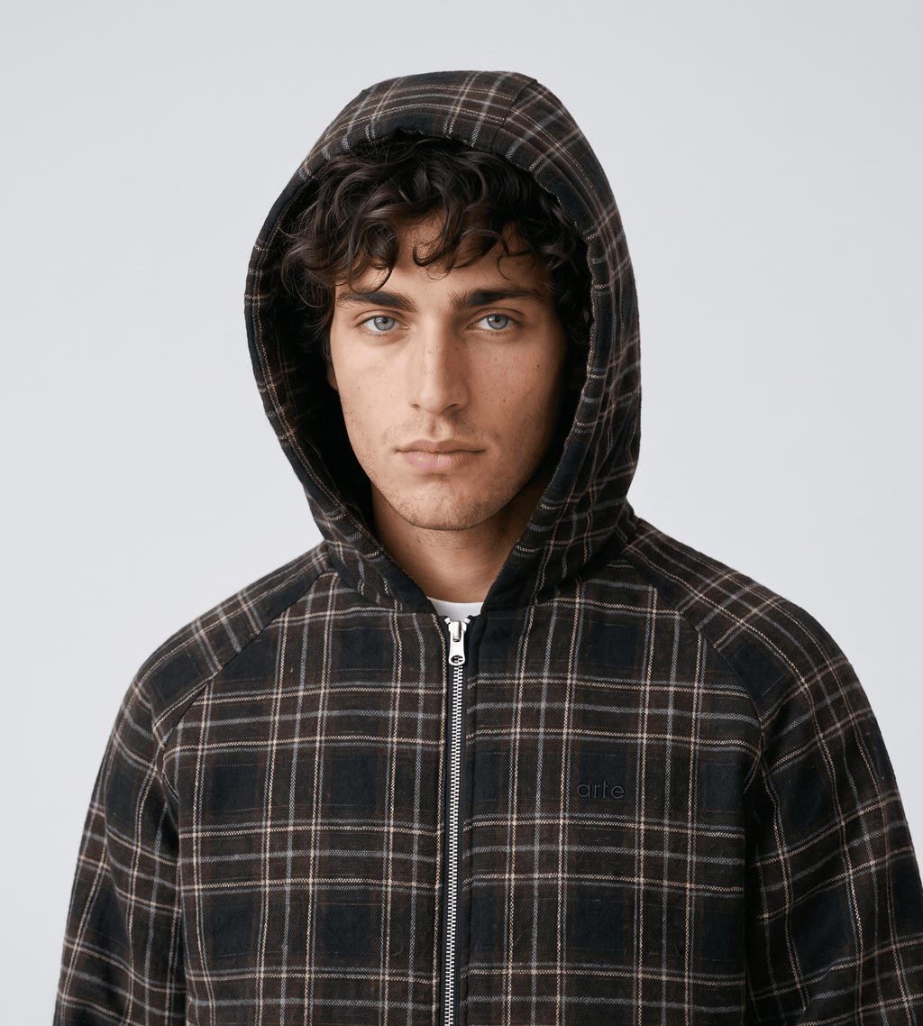 Arte Antwerp Reversible Plaid Hooded Jacket Black