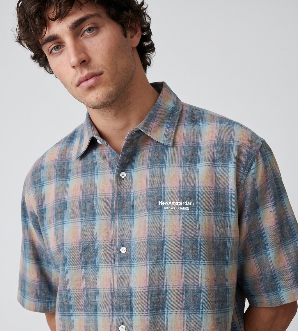 New Amsterdam Surf Association Flanel Short Sleeve Button Up Rainbow Check